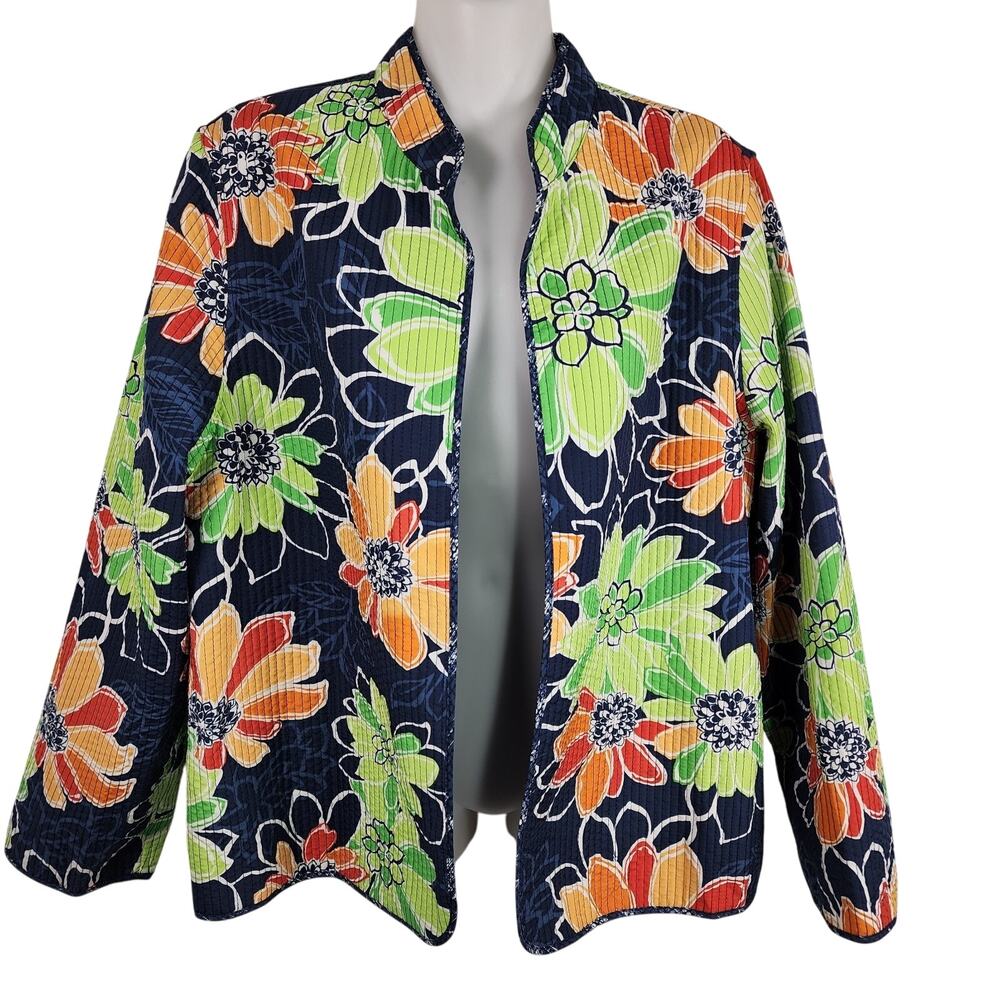 Alfred Dunner Quilted Jacket Floral Open Front Size 12P Colorful Retro Light